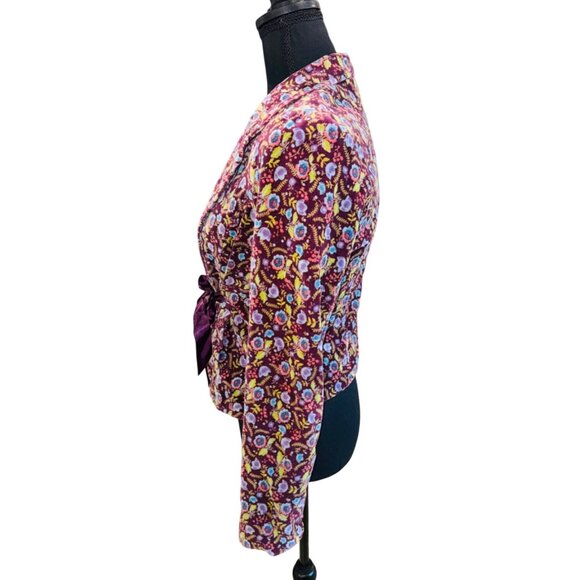 Free People Purple Floral Velvet Jacket Cinch Waist Satin Tie Boho Cottage Core - Picture 4 of 13